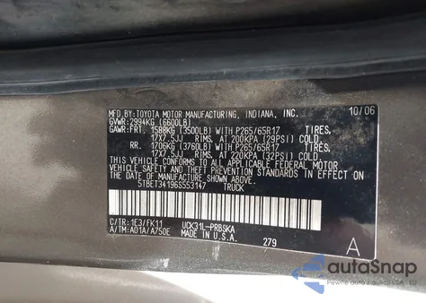 2006 Toyota Tundra Sr5 V8 z USA, uszkodzony, nr VIN 5TBET34196S553147